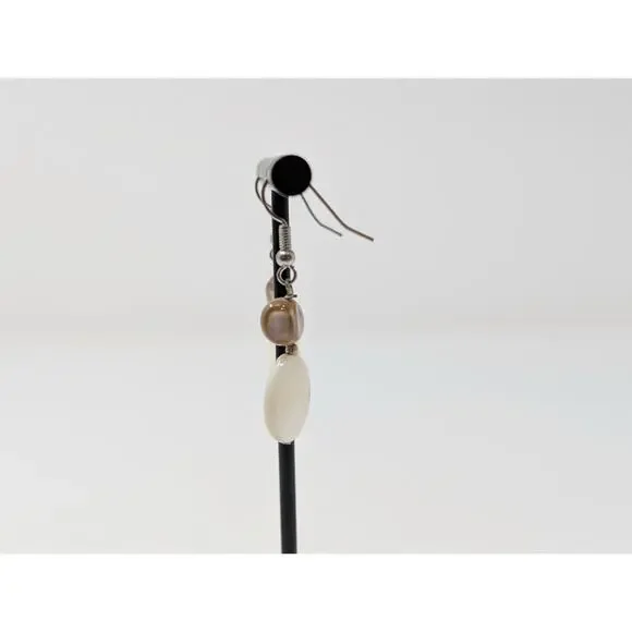 Silver Tone White Iridescent Bead Dangle Boho Pierced Earrings - Picture 5 of 6